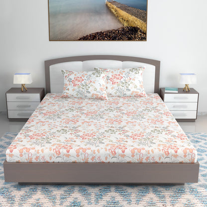 Vintage Floral 100% Cotton Bedsheet for King Size Bed- Peach