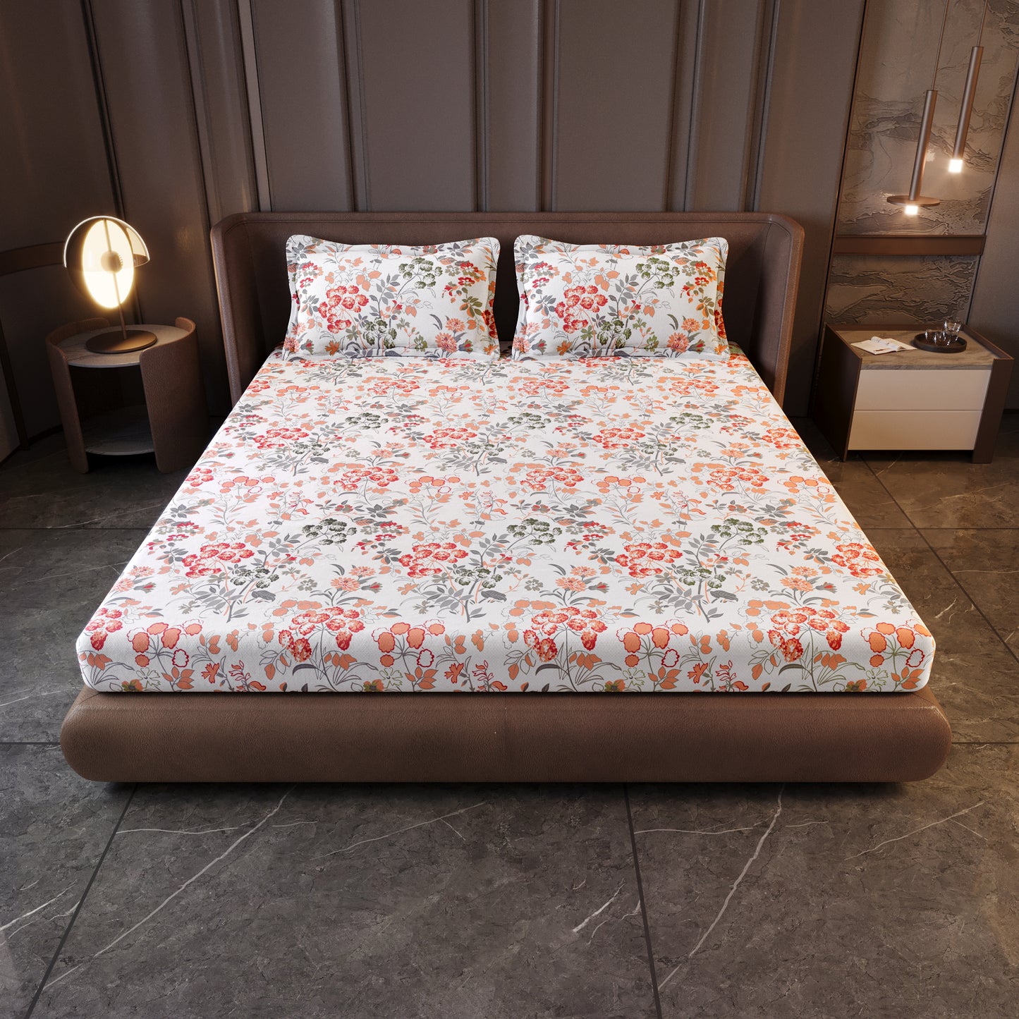 Vintage Floral 100% Cotton Bedsheet for King Size Bed- Peach