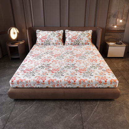 Vintage Floral 100% Cotton Bedsheet for King Size Bed- Peach