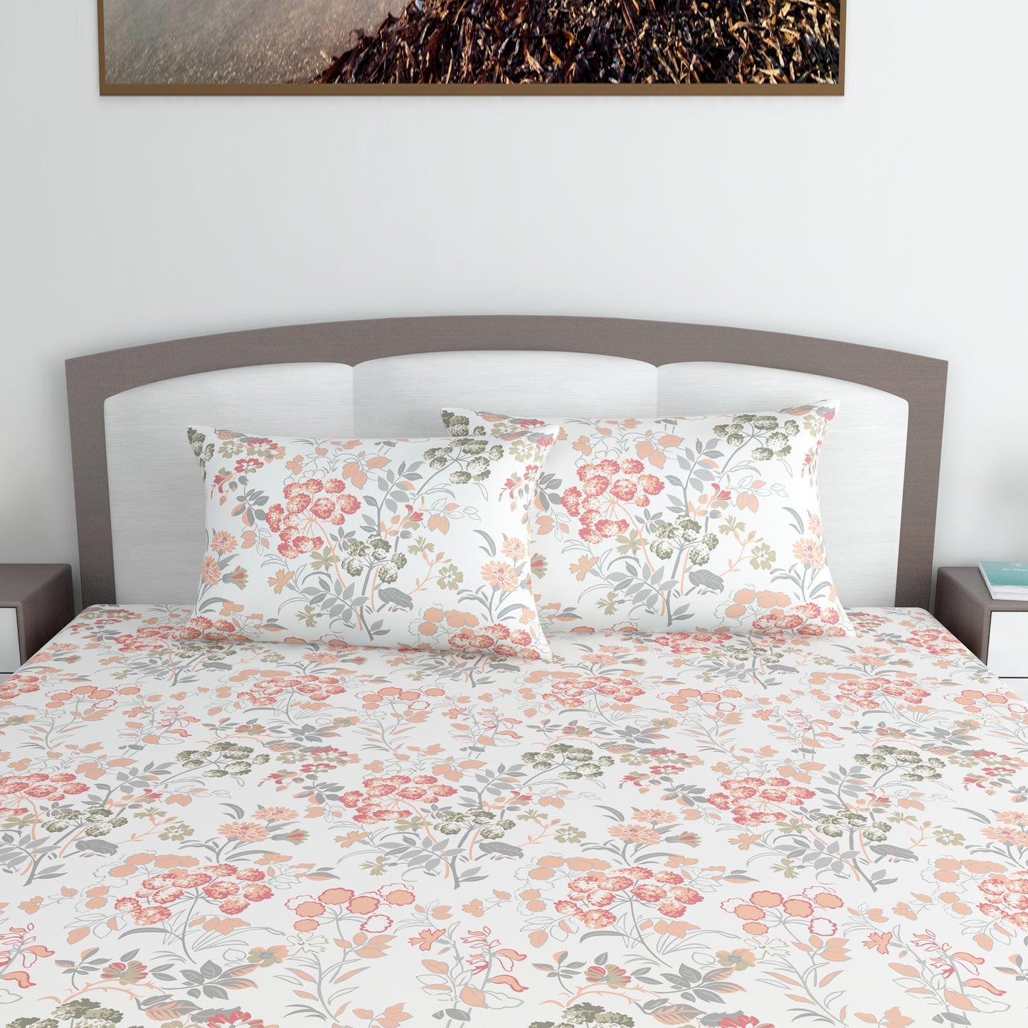 Vintage Floral 100% Cotton Bedsheet for King Size Bed- Peach