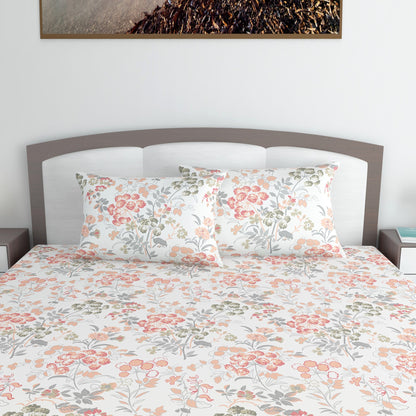 Vintage Floral 100% Cotton Bedsheet for King Size Bed- Peach