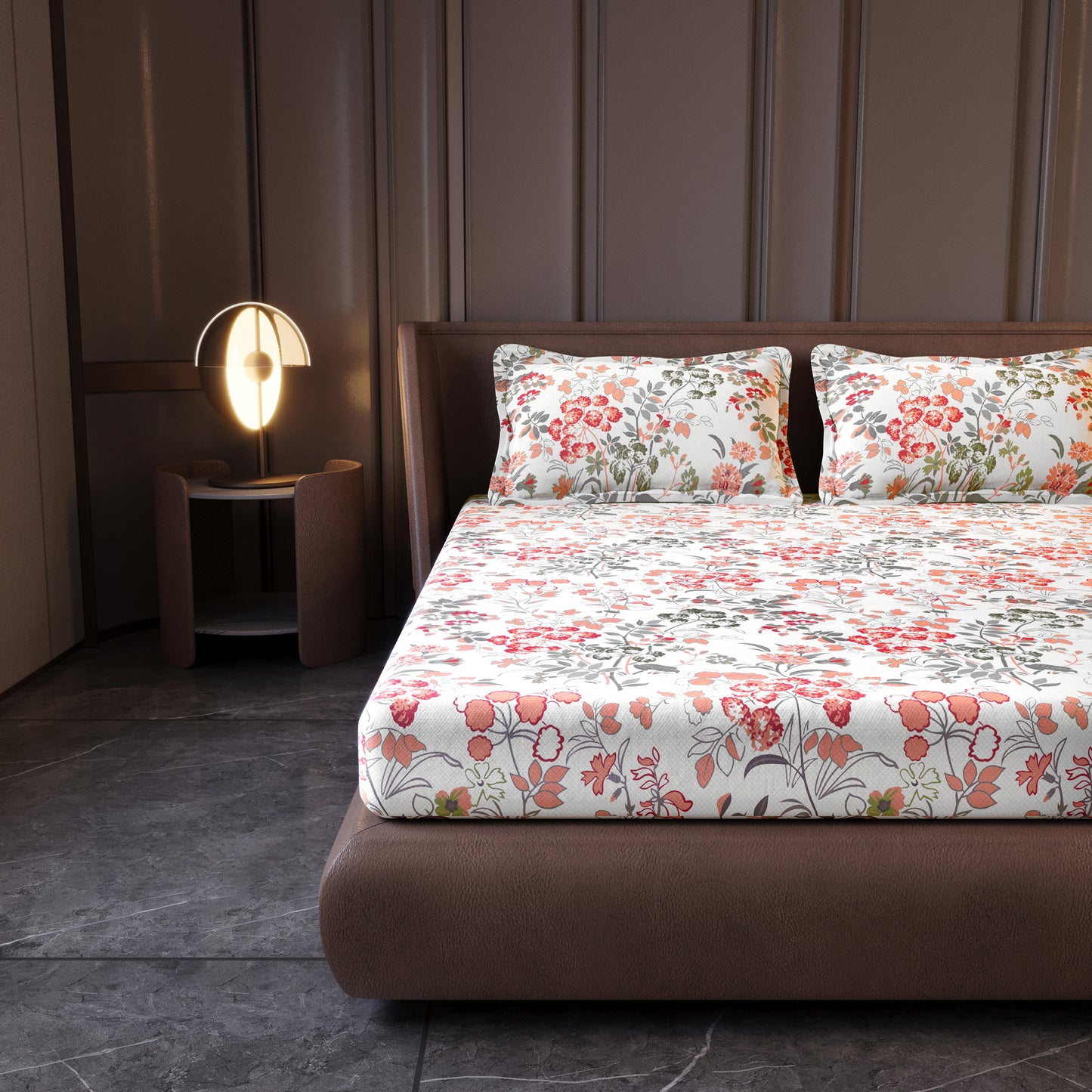Vintage Floral 100% Cotton Bedsheet for King Size Bed- Peach