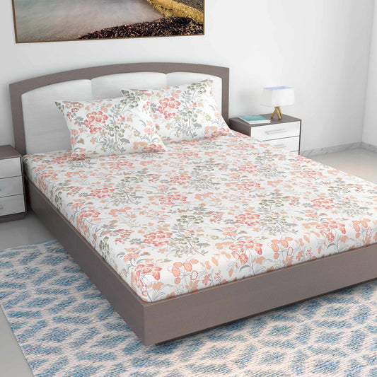 Vintage Floral 100% Cotton Bedsheet for King Size Bed- Peach