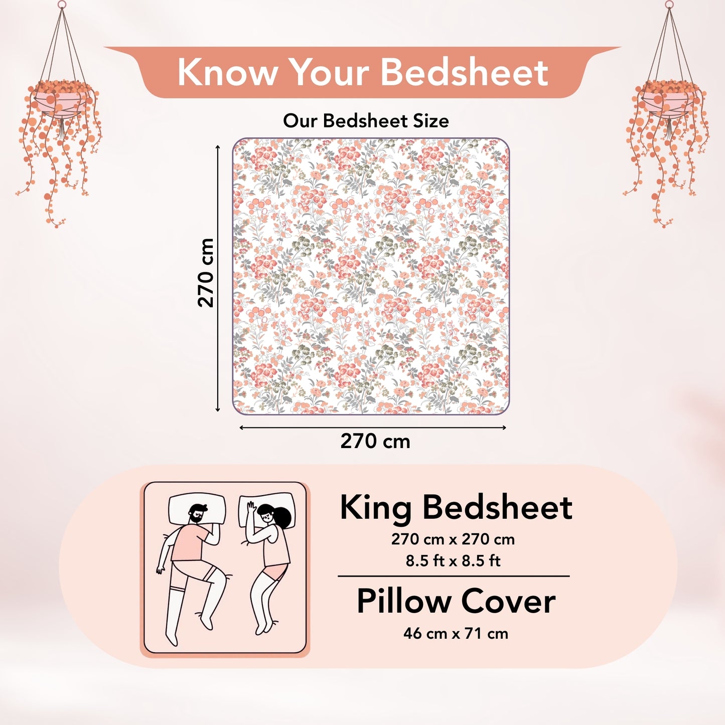 Vintage Floral 100% Cotton Bedsheet for King Size Bed- Peach