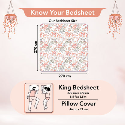 Vintage Floral 100% Cotton Bedsheet for King Size Bed- Peach