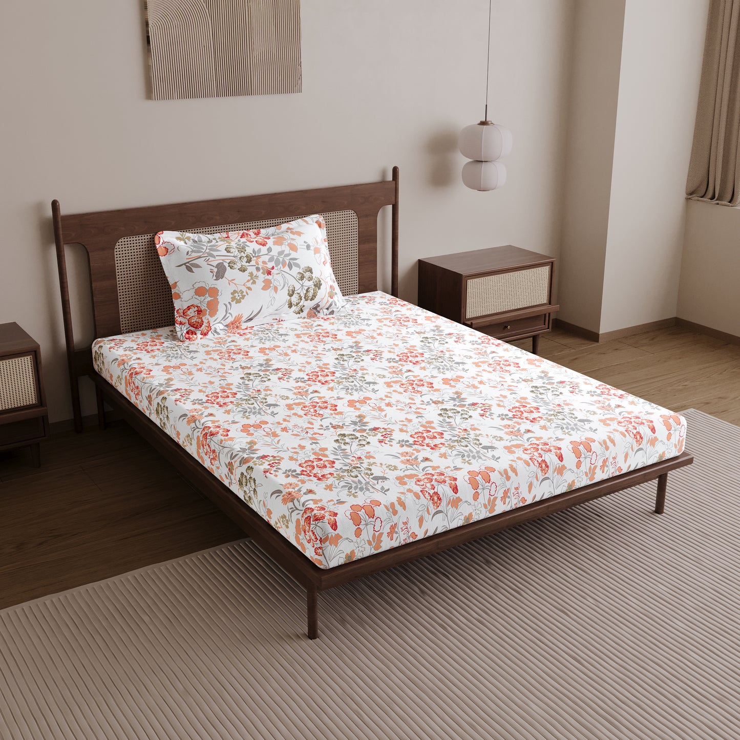Vintage Floral 100% Cotton Bedsheet for Single Bed- Peach