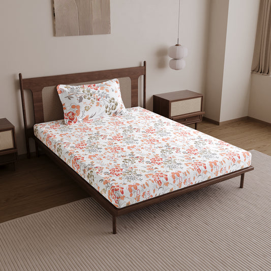 Vintage Floral 100% Cotton Bedsheet for Single Bed- Peach