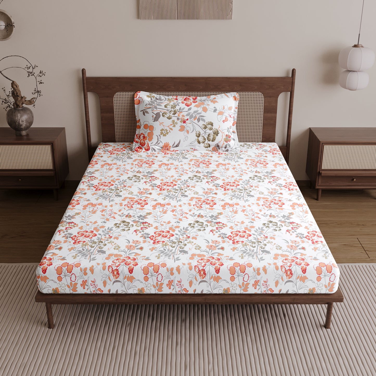 Vintage Floral 100% Cotton Bedsheet for Single Bed- Peach