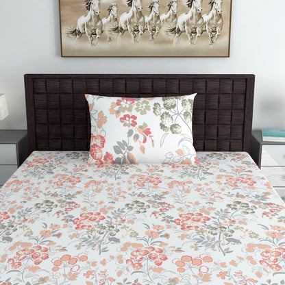 Peach and Green Floral Print Combo Bedsheet for Single Bed