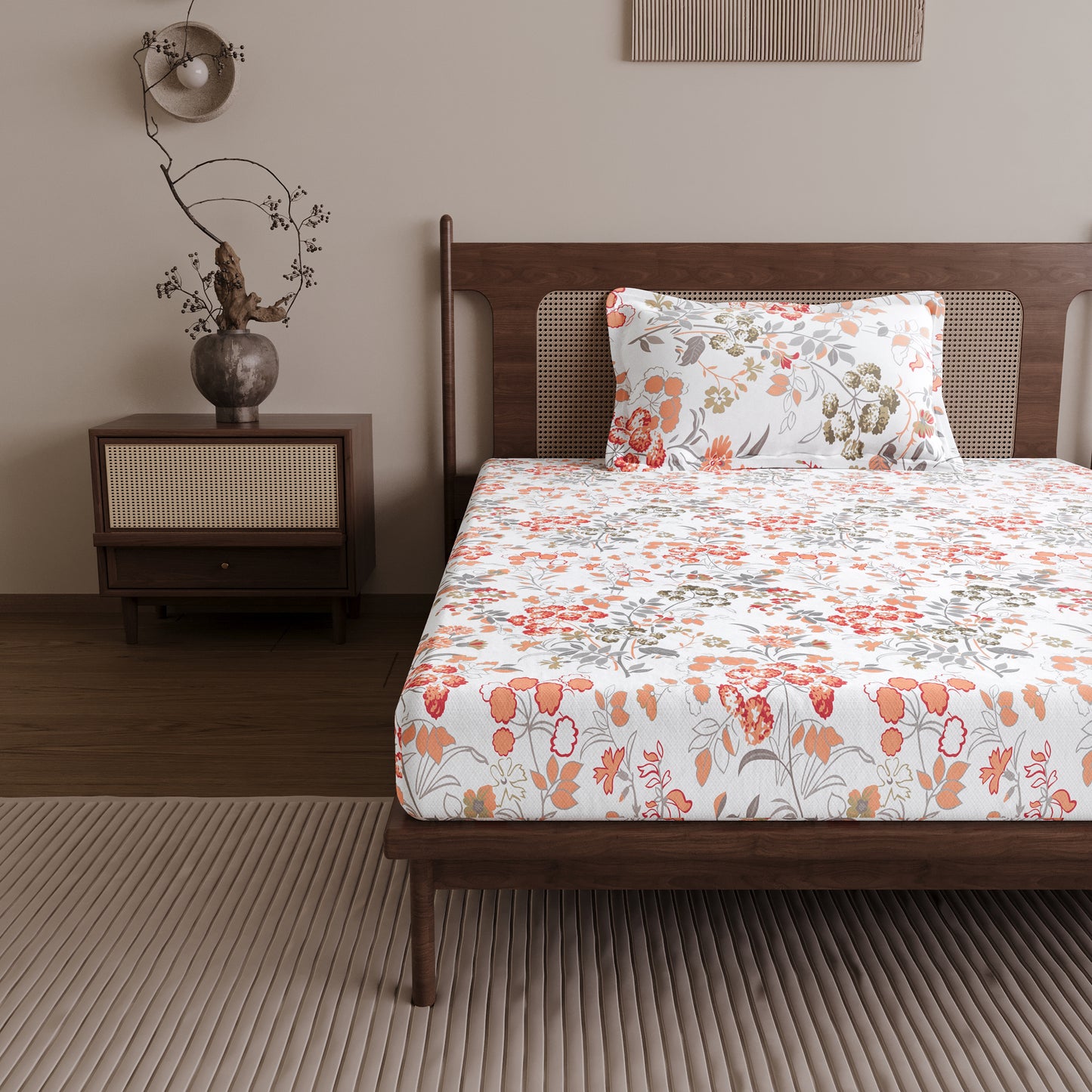 Vintage Floral 100% Cotton Bedsheet for Single Bed- Peach