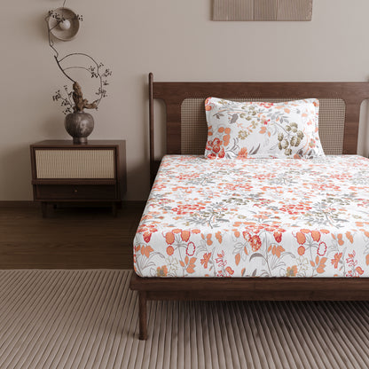 Vintage Floral 100% Cotton Bedsheet for Single Bed- Peach