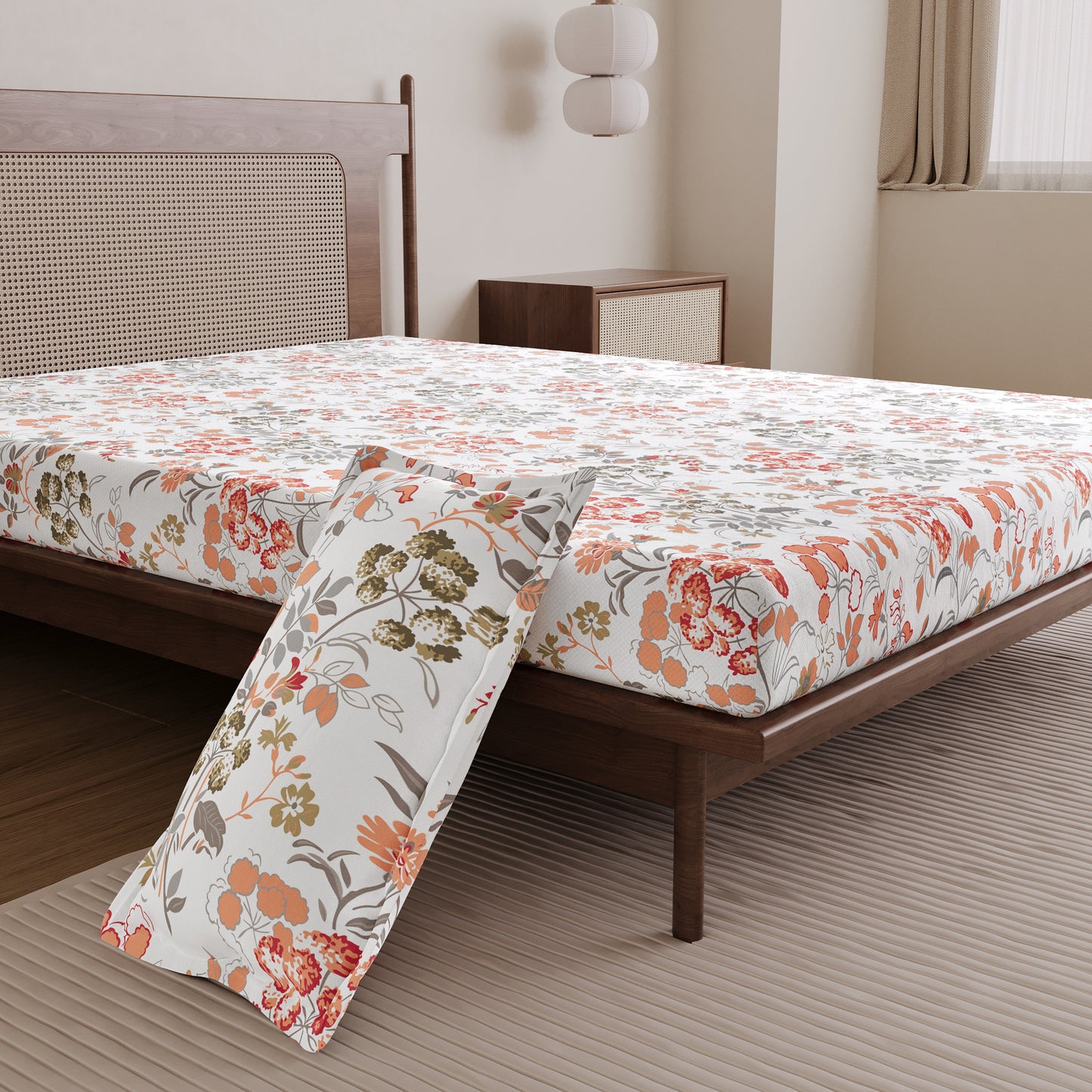 Vintage Floral 100% Cotton Bedsheet for Single Bed- Peach