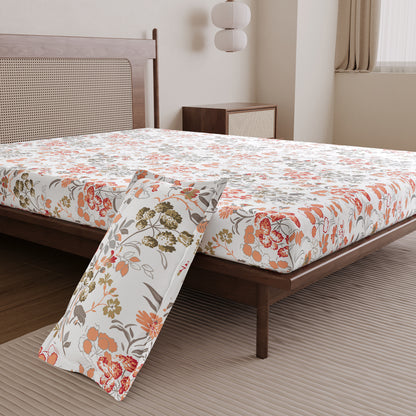 Vintage Floral 100% Cotton Bedsheet for Single Bed- Peach