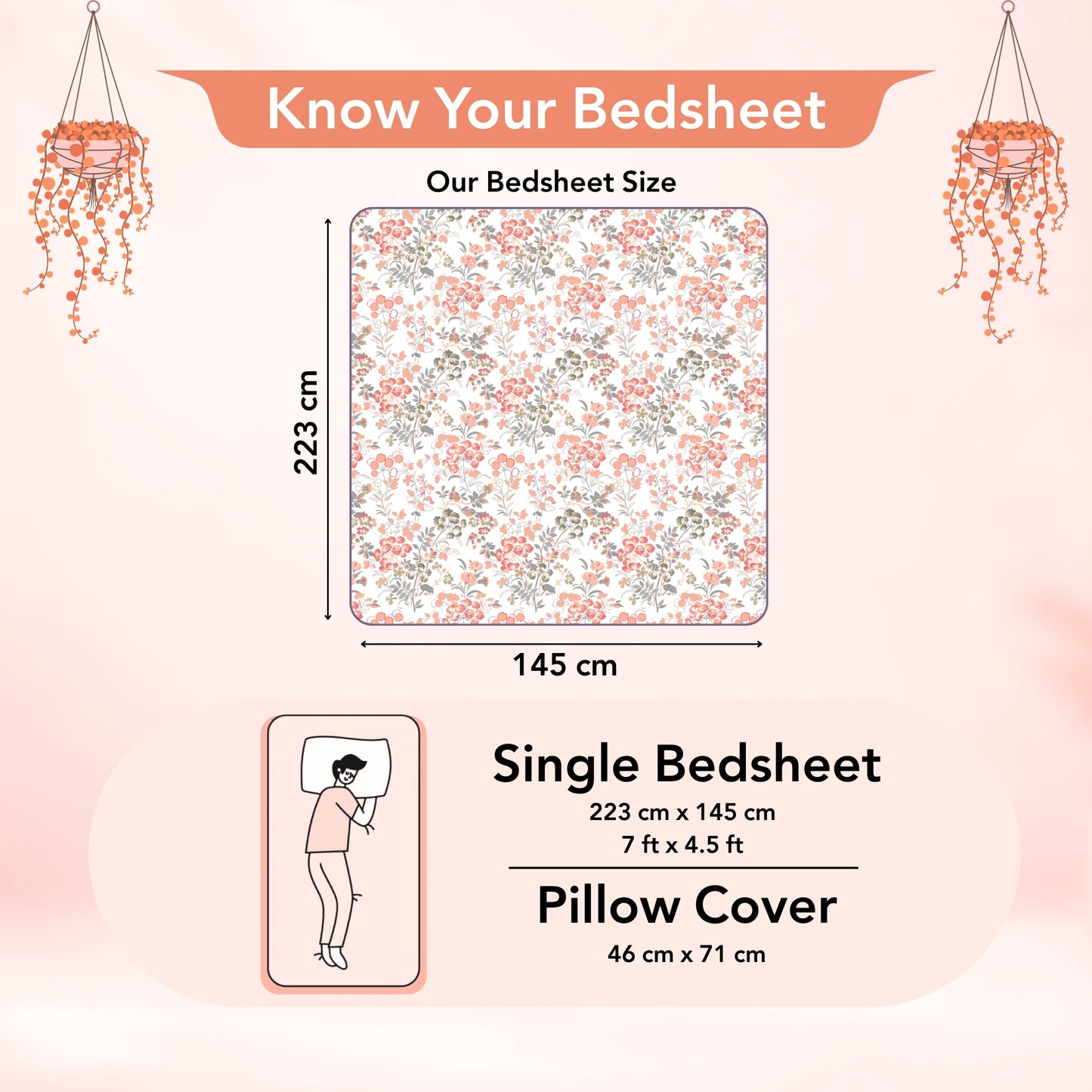Vintage Floral 100% Cotton Bedsheet for Single Bed- Peach