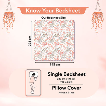 Vintage Floral 100% Cotton Bedsheet for Single Bed- Peach