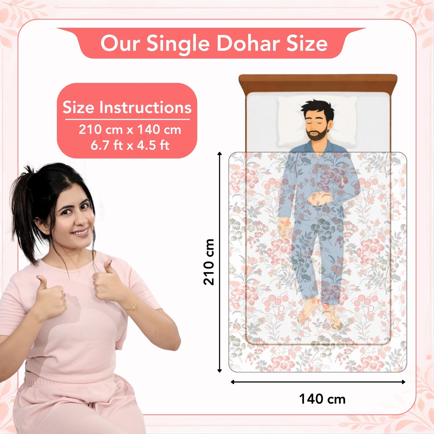 Vintage Floral Peach and White 144 TC 100% Cotton All Season AC Dohar for Single Bed