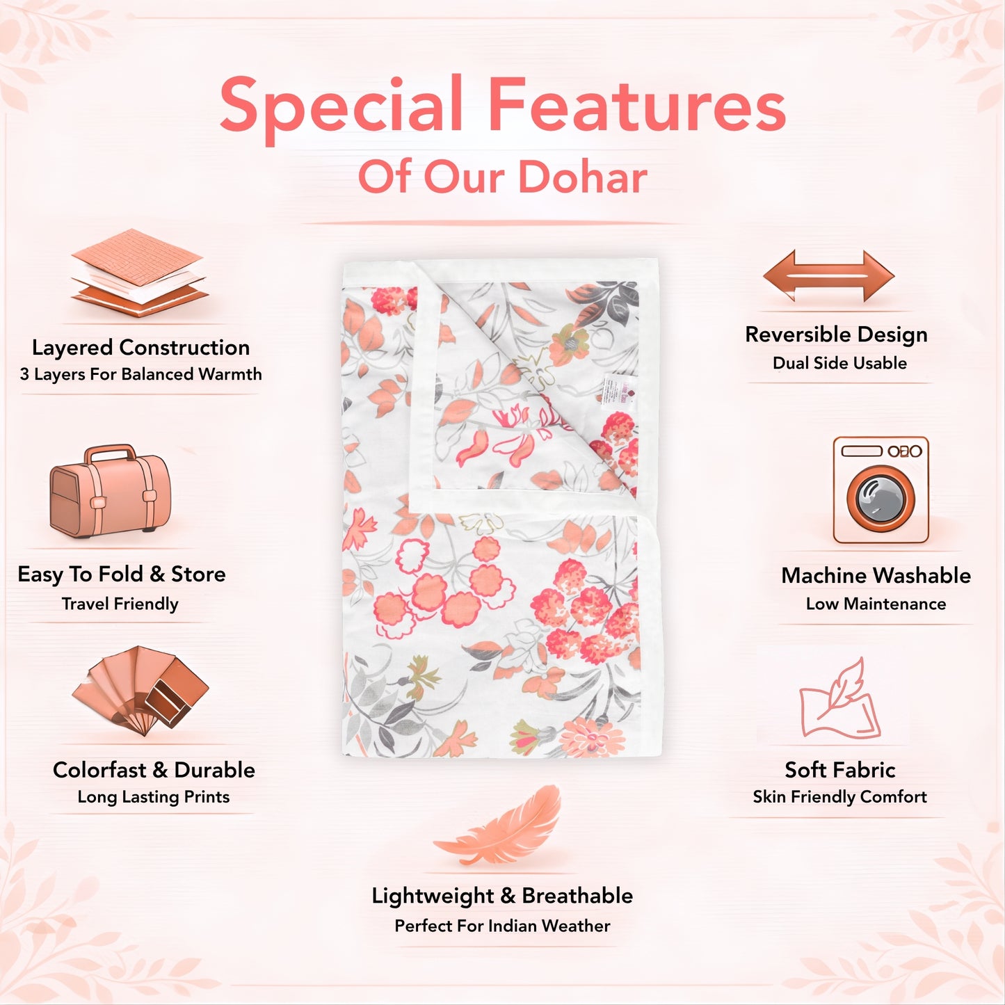 Vintage Floral Peach and White 144 TC 100% Cotton All Season AC Dohar for Single Bed