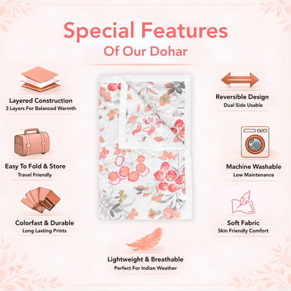 Vintage Floral Peach and White 144 TC 100% Cotton All Season AC Dohar for Single Bed