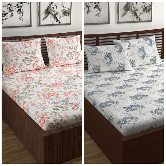 Peach and Grey Floral Print Combo Set of 2 Bedsheet for Double Bed