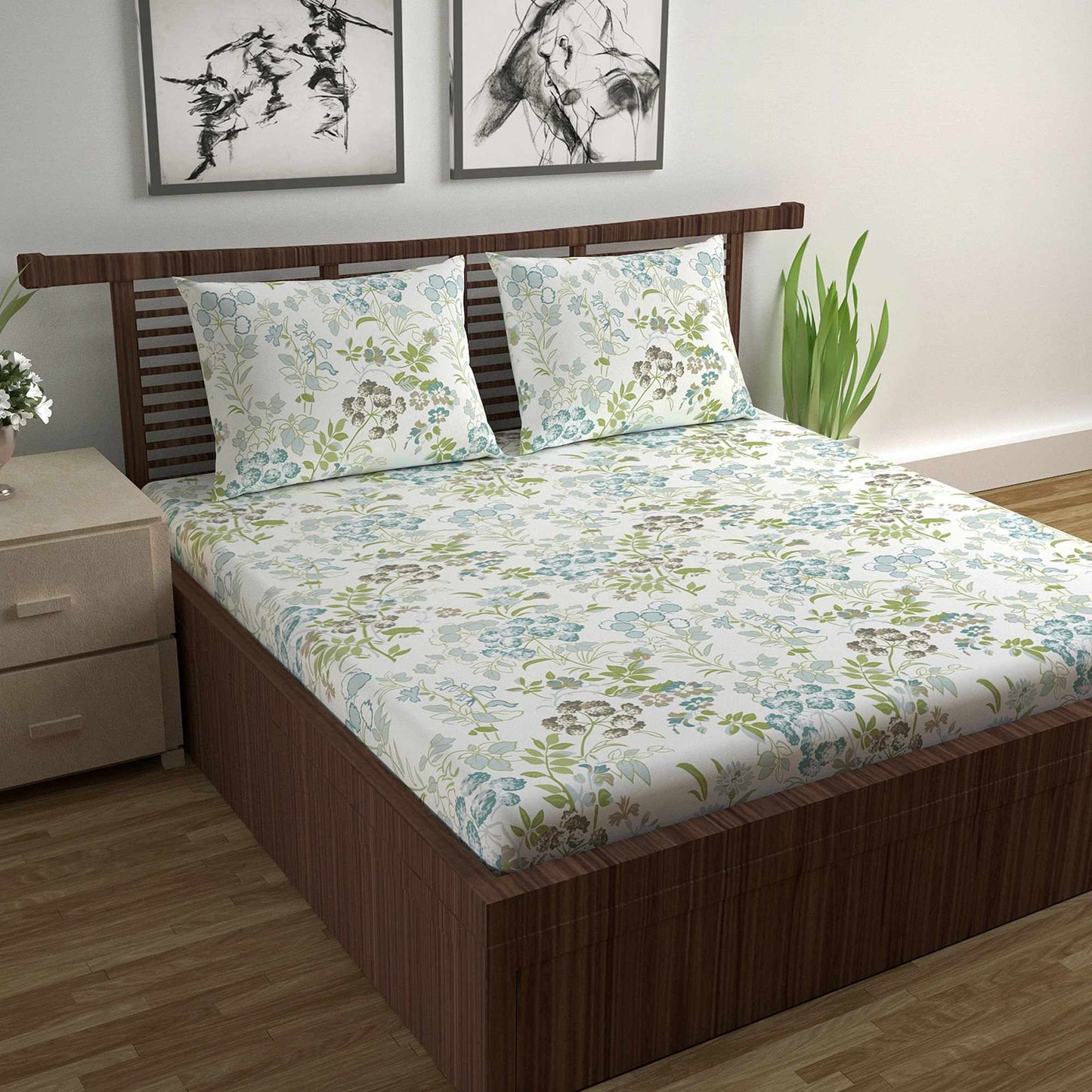 Vintage Floral 100% Cotton Bedsheet for Double Bed- Green