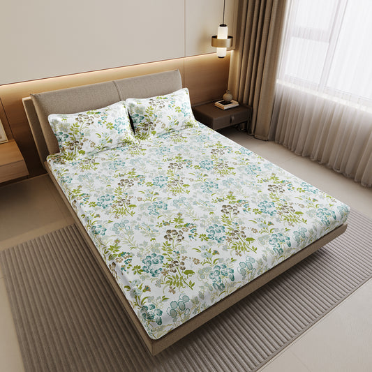 Vintage Floral 100% Cotton Bedsheet for Double Bed- Green