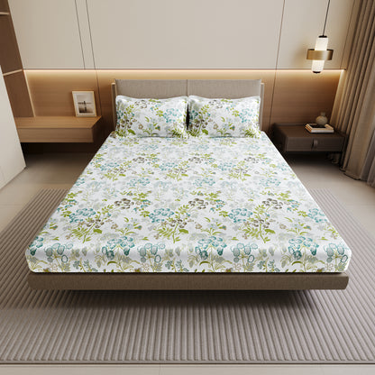 Vintage Floral 100% Cotton Bedsheet for Double Bed- Green
