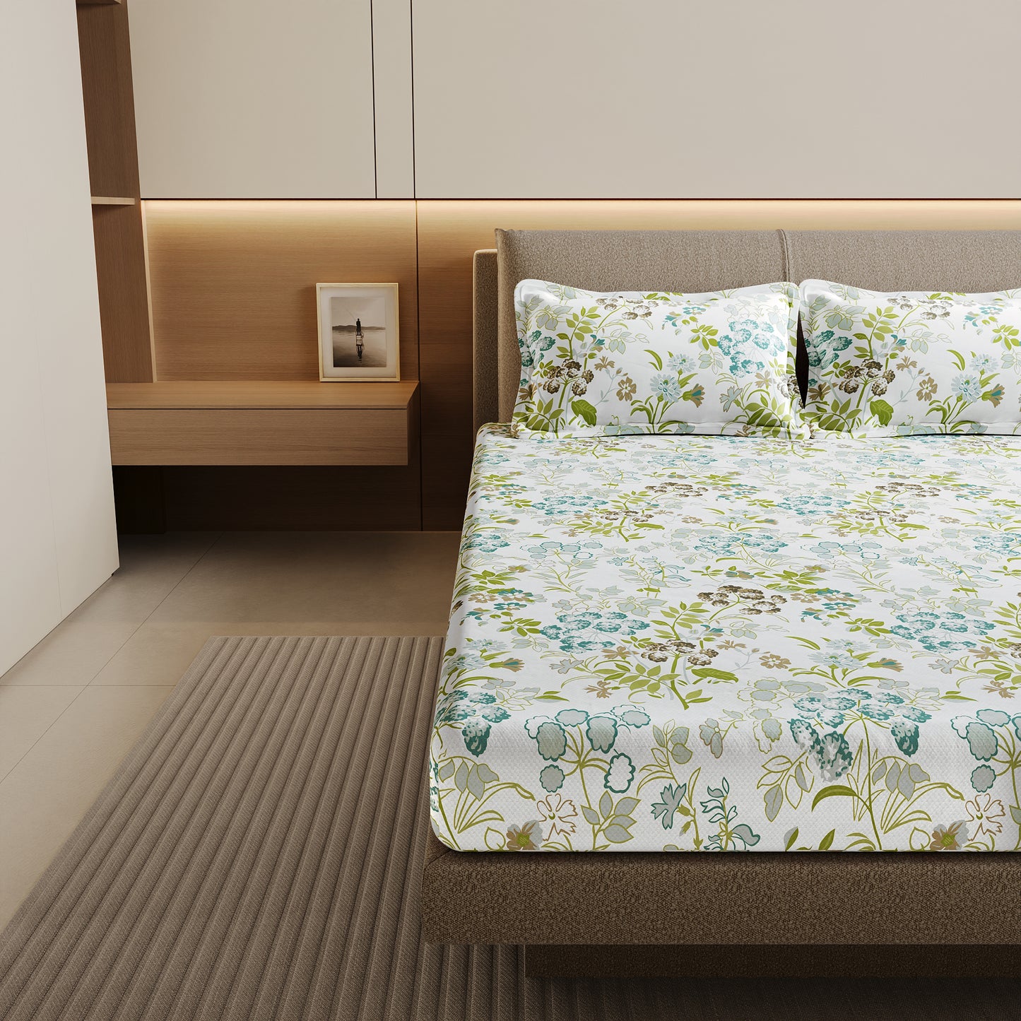 Vintage Floral 100% Cotton Bedsheet for Double Bed- Green