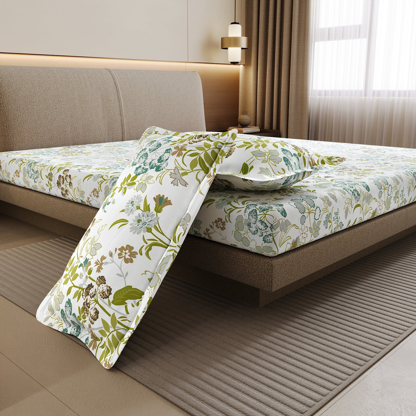 Vintage Floral 100% Cotton Bedsheet for Double Bed- Green