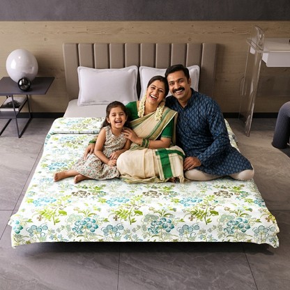 Vintage Floral Green and White 144 TC 100% Cotton All Season AC Dohar for Double Bed
