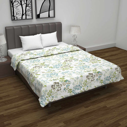 White And Green 144 TC 100% Cotton Floral Double Bed AC Blanket Dohar for All Season