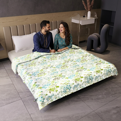 Vintage Floral Green and White 144 TC 100% Cotton All Season AC Dohar for Double Bed