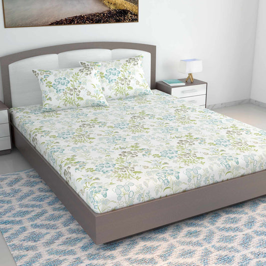 Vintage Floral 100% Cotton Bedsheet for King Size Bed - Green