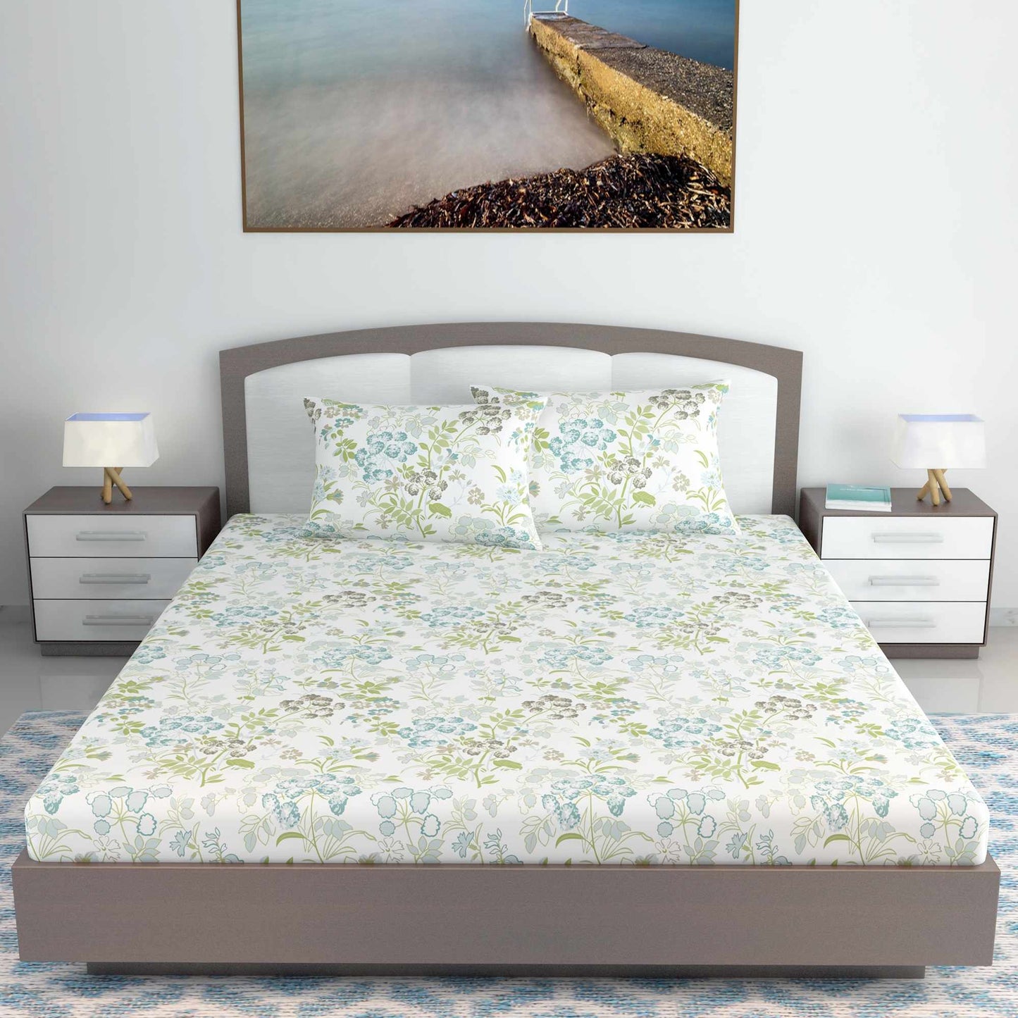 Vintage Floral 100% Cotton Bedsheet for King Size Bed - Green