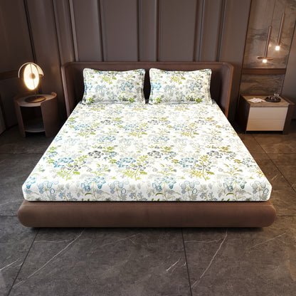 Vintage Floral 100% Cotton Bedsheet for King Size Bed - Green