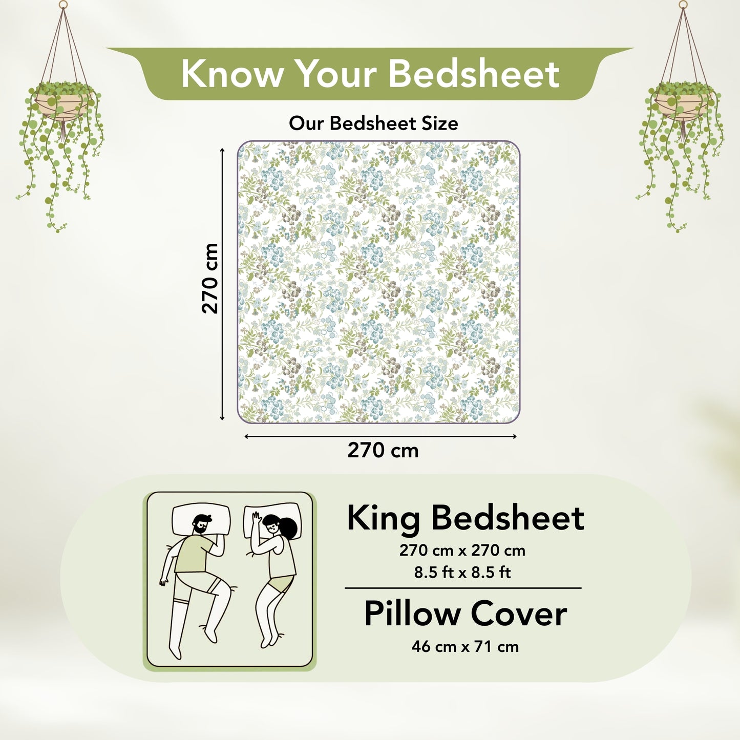 Vintage Floral 100% Cotton Bedsheet for King Size Bed - Green