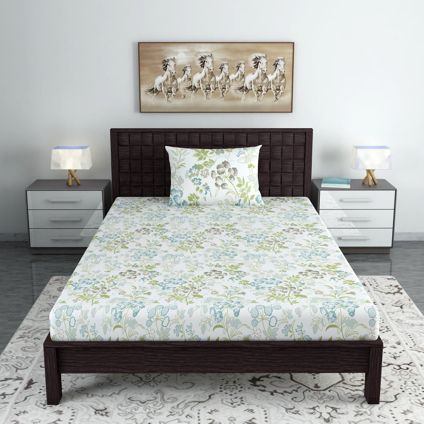 Green and Blue Floral Print Combo Bedsheet for Single Bed