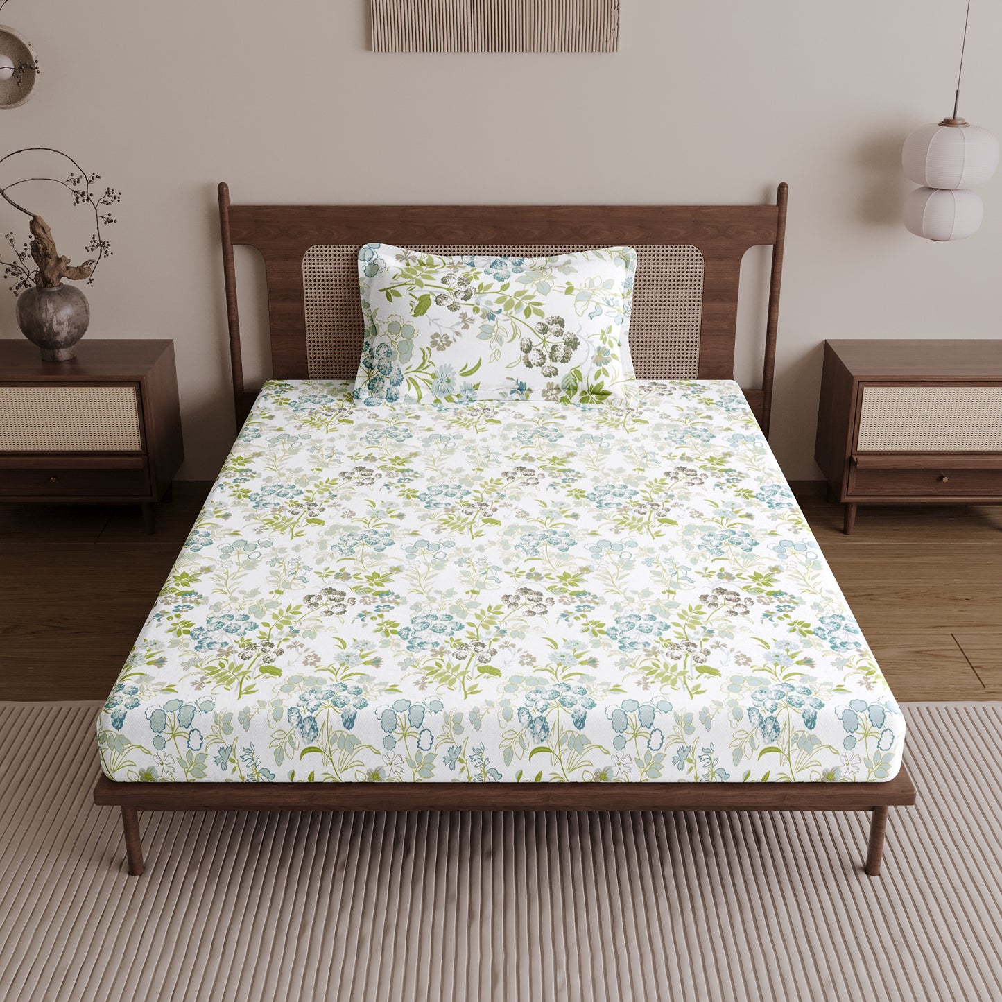 Vintage Floral 100% Cotton Bedsheet for Single Bed - Green