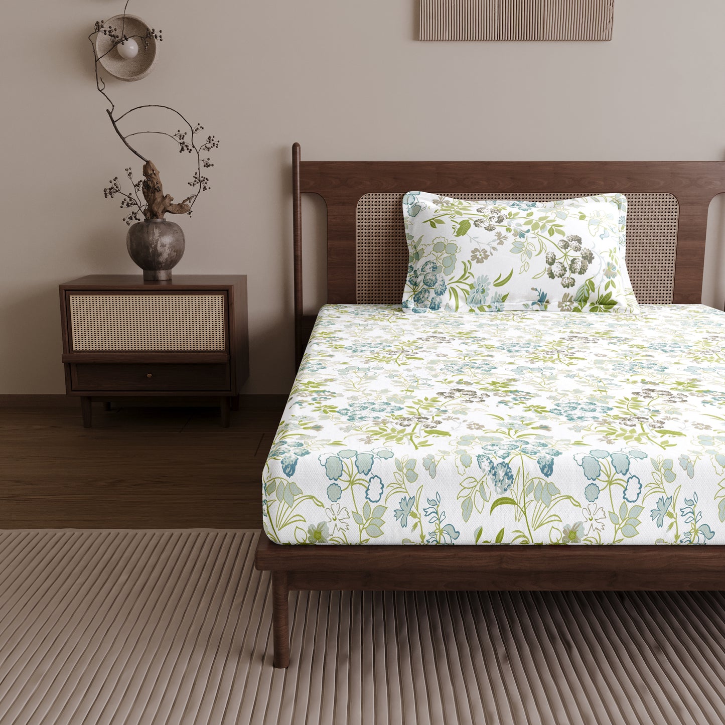Vintage Floral 100% Cotton Bedsheet for Single Bed - Green