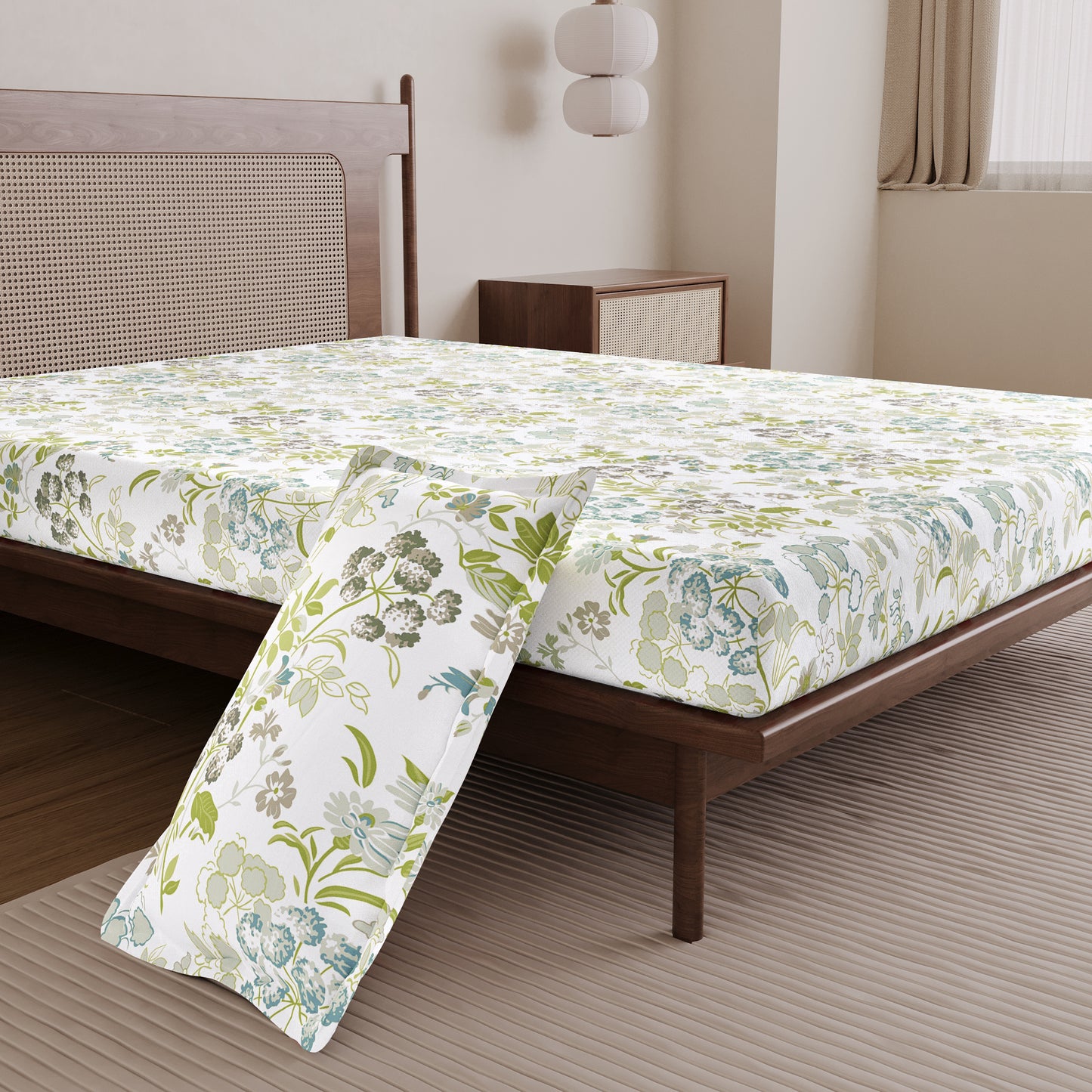Vintage Floral 100% Cotton Bedsheet for Single Bed - Green