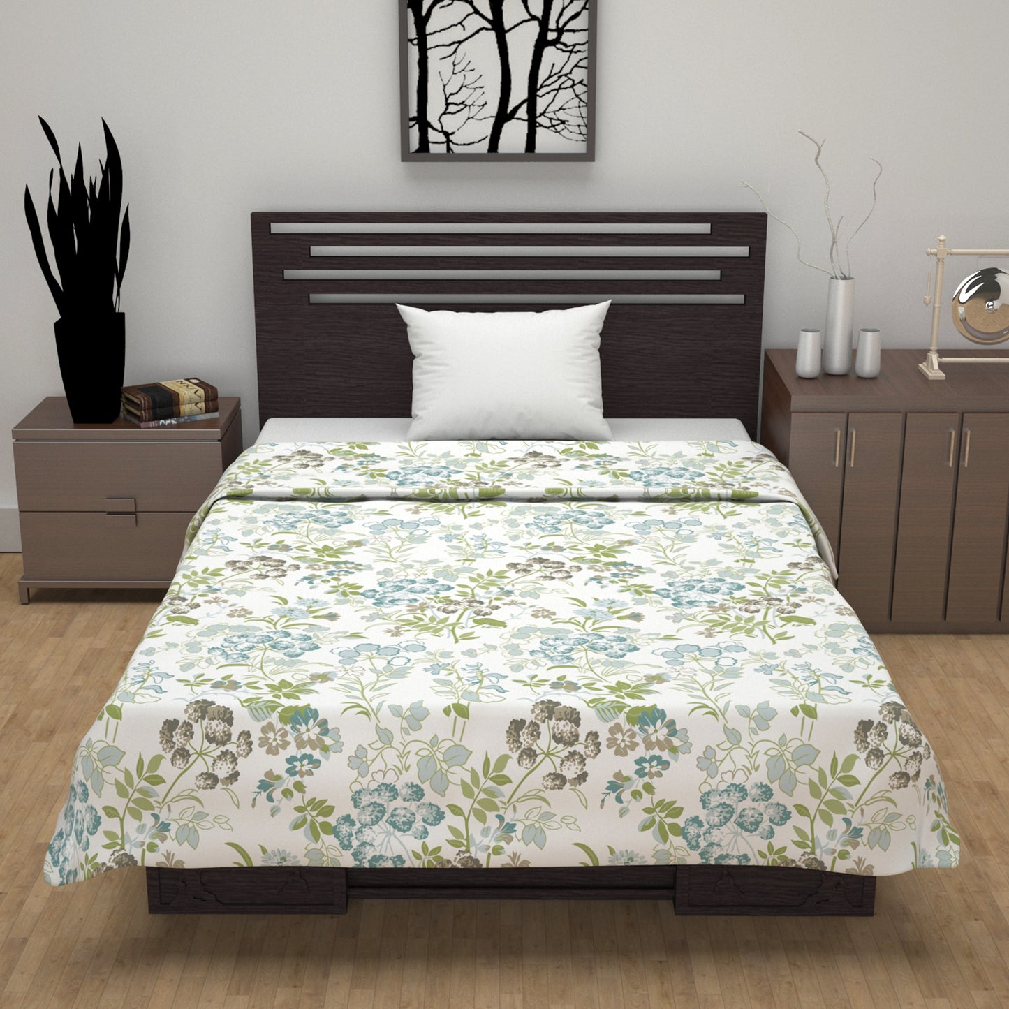 Vintage Floral Green and White 144 TC 100% Cotton All Season AC Dohar for Single Bed