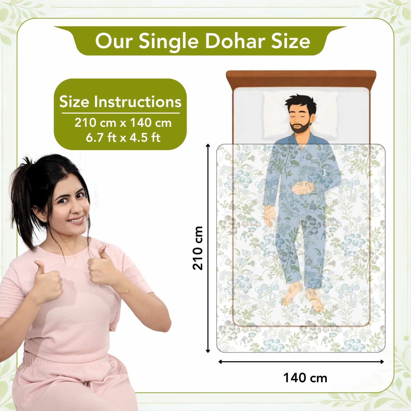 Vintage Floral Green and White 144 TC 100% Cotton All Season AC Dohar for Single Bed