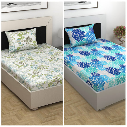 Green and Blue Floral Print Combo Bedsheet for Single Bed