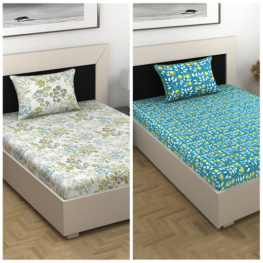 Green and Blue Floral Print Combo Bedsheet for Single Bed