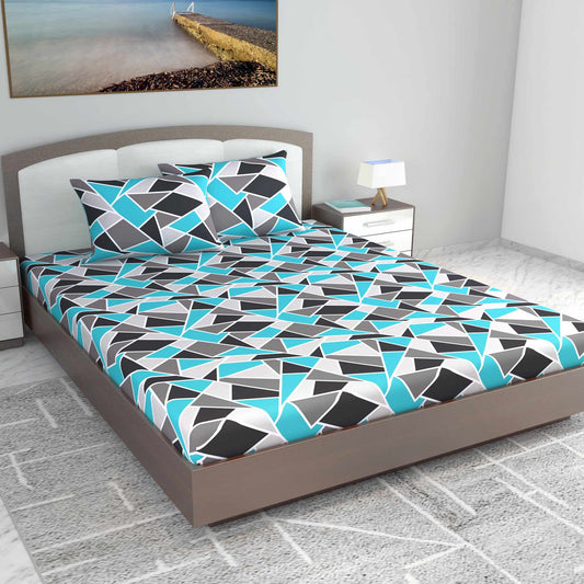 Triangle Blue and Grey King Size Bed Bedsheet - 100% Cotton