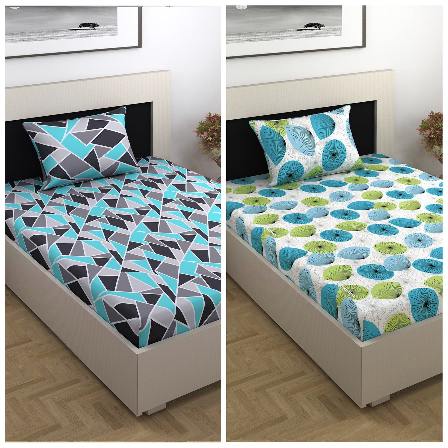 Green and Blue Printed Combo Bedsheet for Single Bed