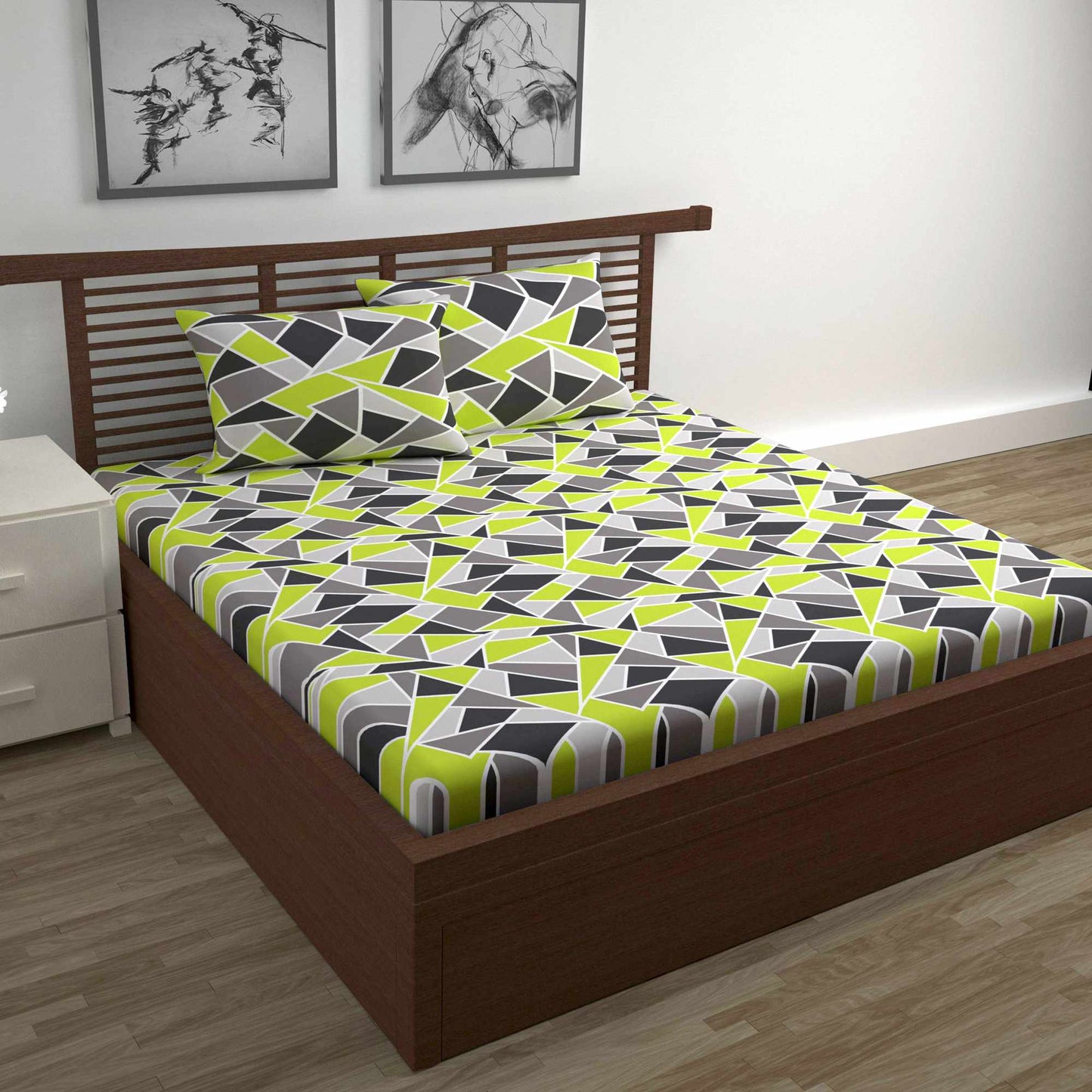 Triangle Lime Green and Grey Bedsheet for Double Bed - 100% Cotton
