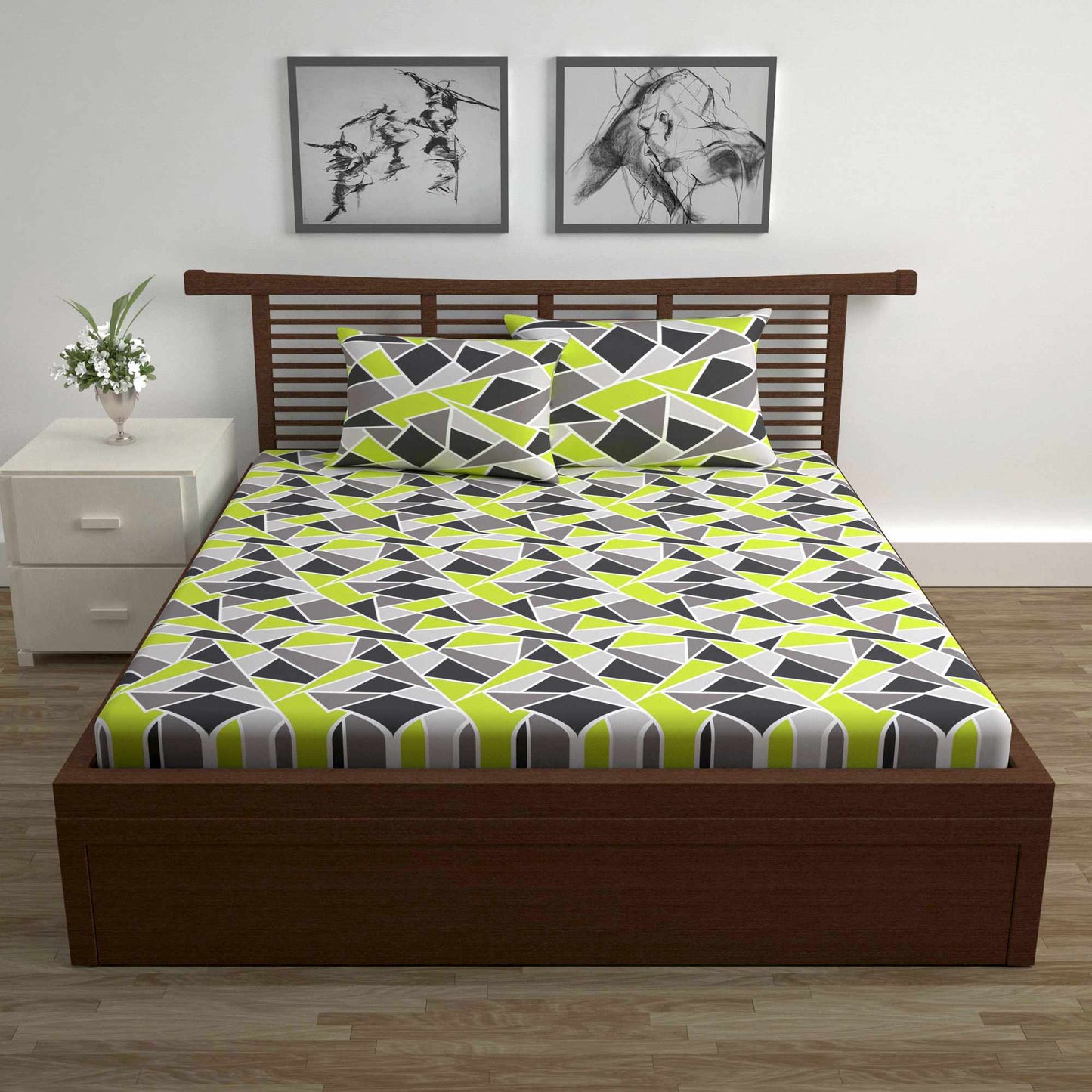 Triangle Lime Green and Grey Bedsheet for Double Bed - 100% Cotton