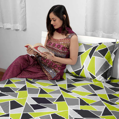 Triangle Lime Green and Grey Bedsheet for Double Bed - 100% Cotton