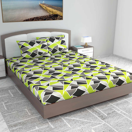 Triangle Lime Green and Grey Bedsheet for King Size Bed - 100% Cotton