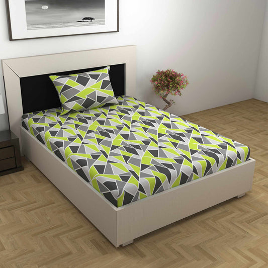 Triangle Lime Green and Grey Bedsheet for Single Bed - 100% Cotton